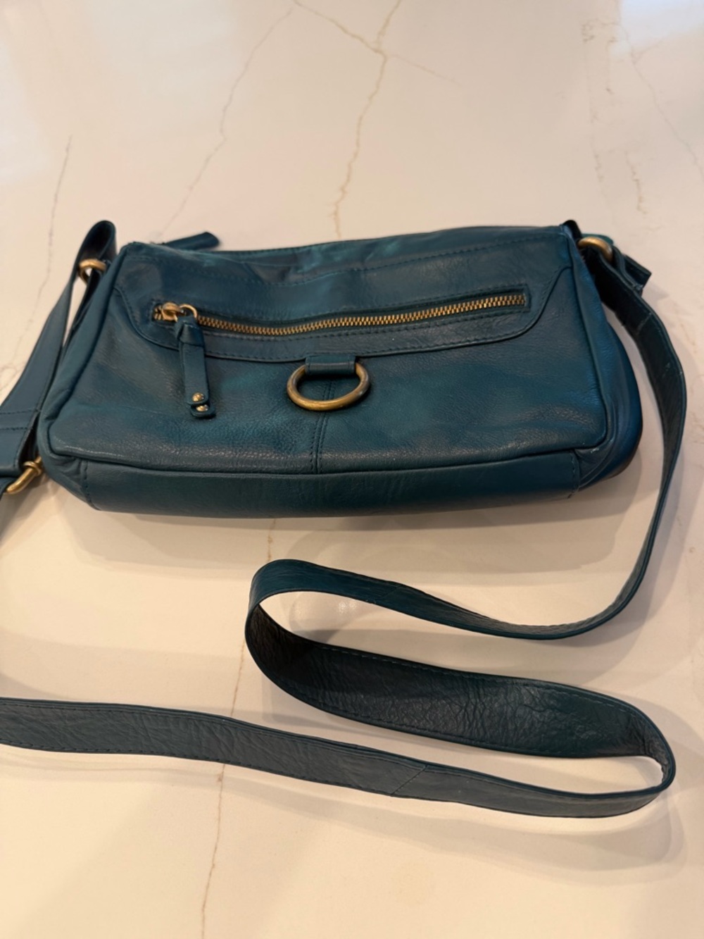 Teal Leather Crossbody Bag with Front Zip Pocket
